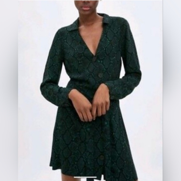 Zara Green Black Button Down Snake Print Dress Size Small - Picture 1 of 11